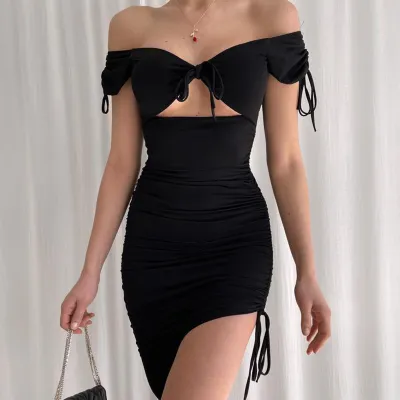 Summer Small Sexy Off Shoulder Hollow Knotted Short Sleeve Deep V Tight Fitting Dress Women
