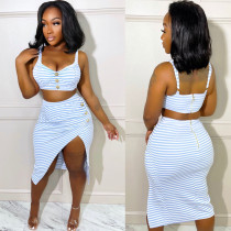 Sexy Ladies Zip Button Stripe Print Slim Fit Straps Two Piece Skirt Set
