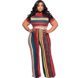 plus size fashion striped print fashion casual two piece plus size suit