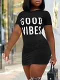 Summer Women Sexy Letter Round Neck Print Dress