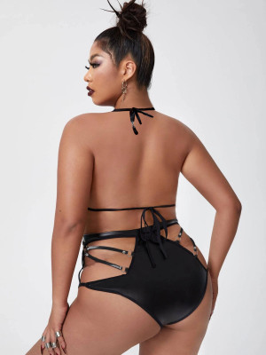 Plus Size Sexy Erotic Leather Chain Bra and Panty Bikini Lingerie Set