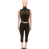 Solid color tank top turtleneck zip,cropped pants sport casual two-piece