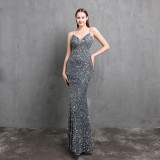 Women Heavy Crafts Colorful Sequins Long Party Evening Dress