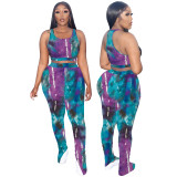 Women's Tie Dye Print Tank Top Stacked Trousers Tracksuit Two Piece