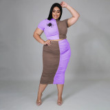 plus size pleated patchwork contrasting two-piece set