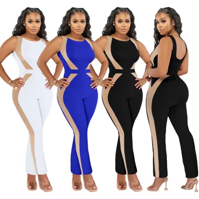 Summer Women Fashion Patched Tape Sleeveless Jumpsuit