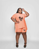 Plus Size Women's Printed Split Lace-Up Top Shorts Two Piece Set.