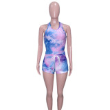 Summer new tie-dye ink jacquard sleeveless bubble yoga shorts sports suit women