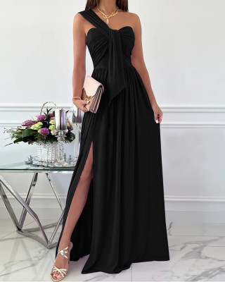 women's summer simple sleeveless slash shoulder slit Evening dress