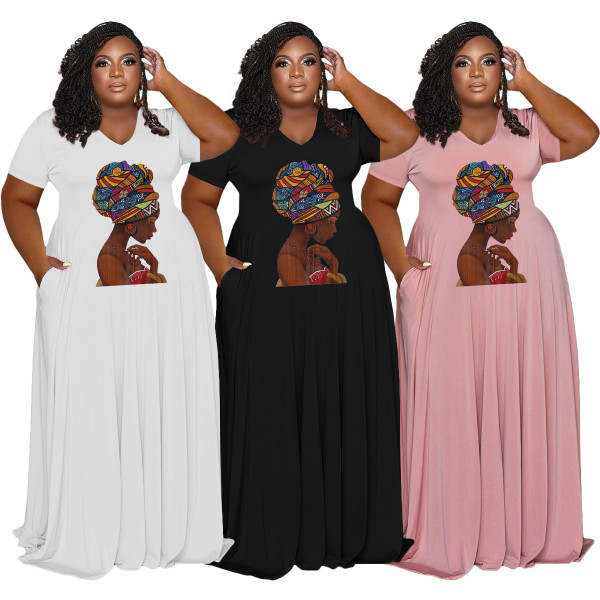 Ladies Plus Size Dress Casual Fashion V-Neck Print Plus Size Ladies