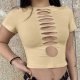 Women Summer Solid Round Neck Cutout Crop T-Shirt