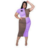 plus size pleated patchwork contrasting two-piece set