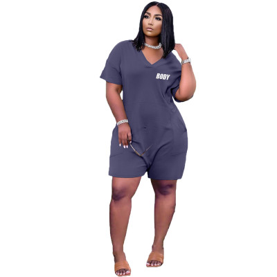 Women's Plus Size Solid Fashion Casual V-neck Short Sleeve Loose Jumpsuit