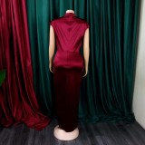 Women Elegant Short Sleeve Slit Pleated Long Dress