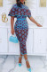 vintage print slim waist pencil dress cape set