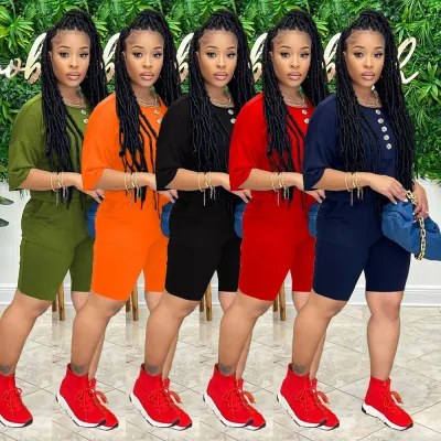 Women's Fashion Casual Trend Solid Round Neck Pocket Button Loose Short Sleeve Shorts Two Piece