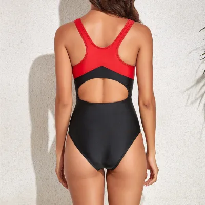 Ladies One Piece Swimsuit Contrast Color Print Cover Back Keyhole Swimsuit