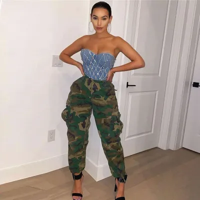 Camo Print Women's Big Pocket Pants Casual Cargo Pants