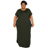 Plus Size Women Summer Round Neck Slit Loose Dress