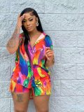 Women Print Top And Shorts Casual Two Piece Set