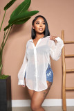 Women sexy See-Through long sleeve Turndown Collar split chiffon beach blouse