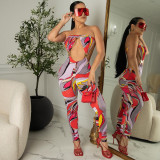 Spring Summer Printed Chest Wrap Low Back Button Sexy Slim Jumpsuit