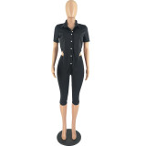 Women Summer Solid V-Neck Slit Shirt Top And Capri Pants Two-Piece Set