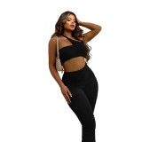 Women Summer Solid Crop Top And Pleated Stacked Pant Two Piece Set