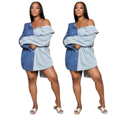 Women's Spring Long Sleeve Single Breasted Jacket Colorblock Denim Shirt Dress