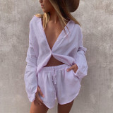 Summer Women Casual Loose Long Sleeve Shirt + Shorts Two Piece Set