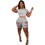 Women's Solid Color Short Sleeve Ripped Fashion Casual Two Piece Shorts Set