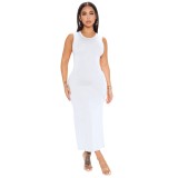 Women sleeveless Solid sexy Round Neck Fashion slit long dress