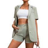 Summer Chic Suit Solid Color Blazer High Waist Shorts Two Piece Women's Set