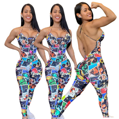 Cartoon Print Halter Neck Low Back Jumpsuit