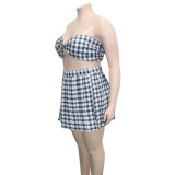 Plus Size Women Casual Plaid Print Top And Skirt Two Piece Set