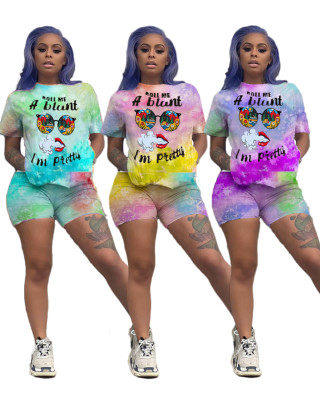 Women's Lettering Tie Dye T-Shirt Top Shorts Two Piece Set