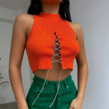 Beaded chain knitted vest short solid color high waist tight spring and summer top