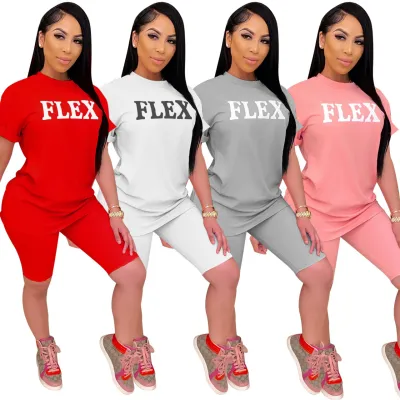 Women's Solid Letter Print Short Sleeve Casual Sport Two Piece Shorts Set