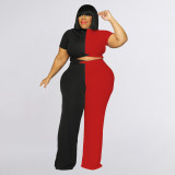 Large size women's patchwork contrast color fashion casual two-piece pants set