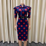 Summer Short Sleeve Polka Dot Print Midi Dress With Belt
