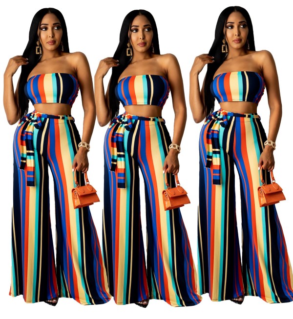 Women's Sexy Multi-Color Striped Waist Lace-Up Two Piece