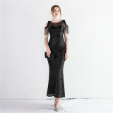 Women Symphony Sequin Strapless Short Sleeve Sequin Long Fishtail Evening Dress