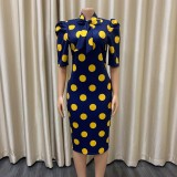 Summer Short Sleeve Polka Dot Print Midi Dress With Belt