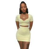 Summer Big Round Neck Short Sleeve Solid Color Slim Fit Sexy Short Skirt Suit Women