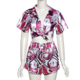 Summer Women's Fashion Print Cardigan Short Sleeve Top High Waist Bodycon Straight Shorts Set