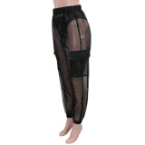 spring summer style casual see-through Mesh high waisted large pocket slim fit sporty casual pants