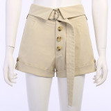 Summer Solid Straight Slim Fit Belt Loose Shorts Casual High Waist Outdoor Wear Women Pants