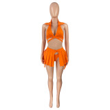 Women's Fashion Turndown Collar Halter Neck Nightclub Bikini Pleated Skirt Sports Swimsuit Three Piece
