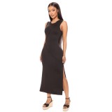 Women sleeveless Solid sexy Round Neck Fashion slit long dress