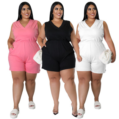 Plus Size Women V Neck Solid Sleeveless With Pockets Jumpsuit
